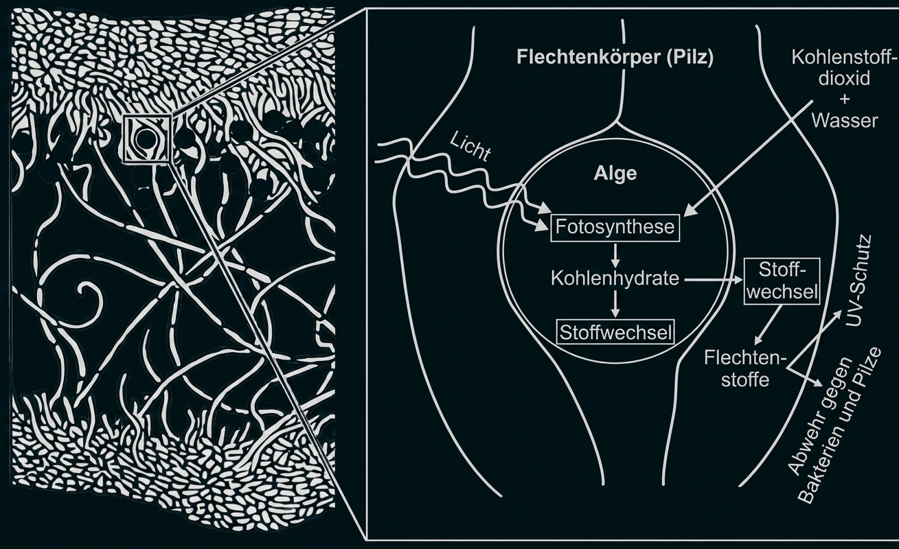 Schematische Darstellung einer Flechte: Querschnitt mit Algenzelle, Fotosynthese und Stoffwechselprozessen